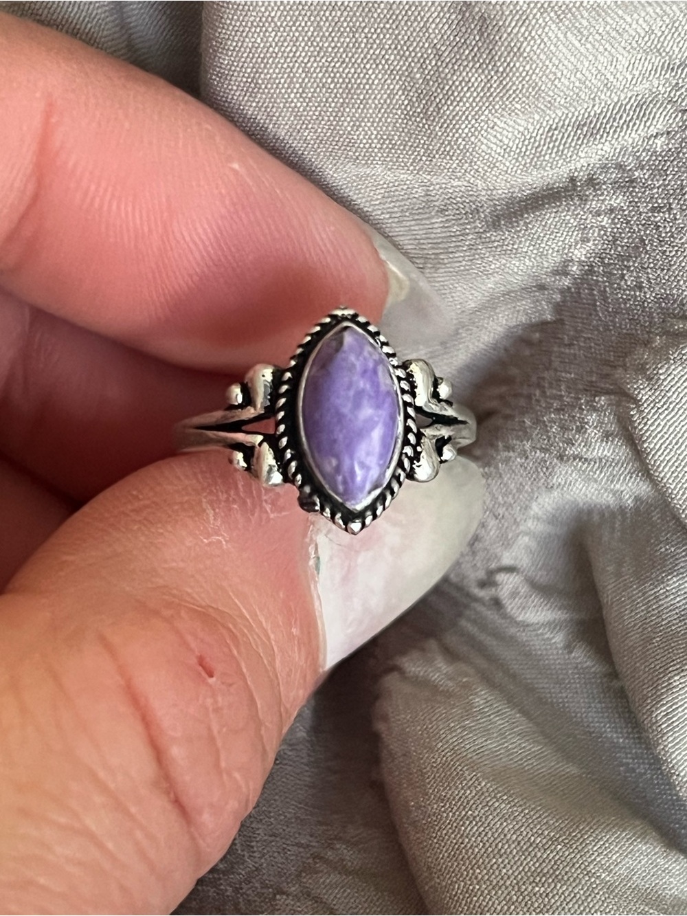 Handmade 925 Sterling Silver Purple Stone Ring Size 5.75 Marquise Cabochon